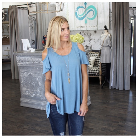 ✨LAST ONE✨Blue Cold Shoulder Ruffle Sleeve Tunic - Picture 2 of 4